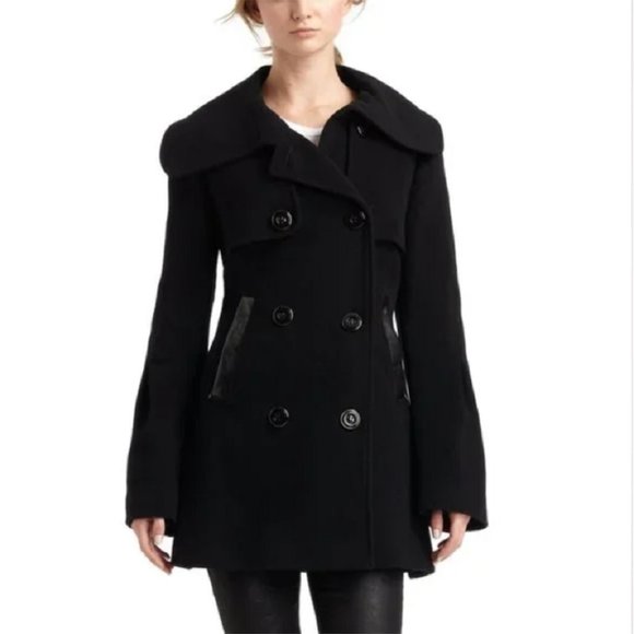 NWT MACKAGE XS Raffy Wool Cashmere Double Breasted Peacoat w/ Leather Details - Picture 6 of 15